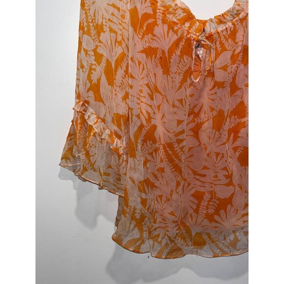Milly Orange Floral Sheer Ruffle Pullover Tie Neckline Women's Blouse Size 6 - Picture 3 of 9